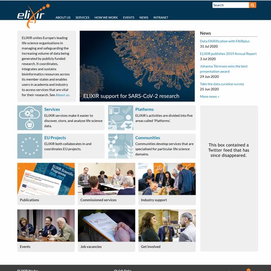 The old home page of the ELIXIR Europe website, with boxes of photos of people discussing things in meetings