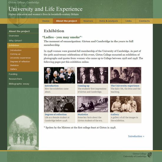 University and Life Experience website showing old photos of young women rowing and chatting in Cambridge