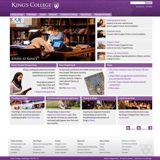 King's College Cambridge website, with a photo of students studying in the library