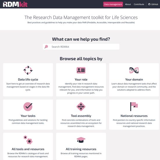 The RDMkit website wth boxes for navigation