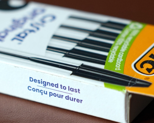 A box of Bic pens with the strapline down the side