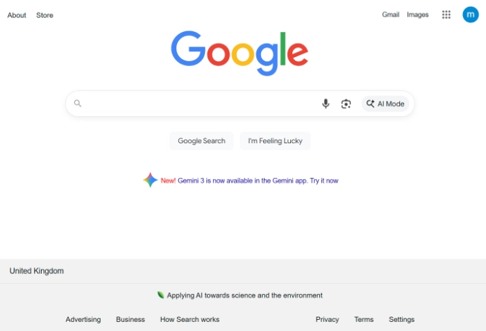 A screenshot of Google.com, showing the search in the middle